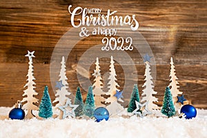 Tree, Snow, Blue Star, Ball, Merry Christmas And Happy 2022, Wooden Background