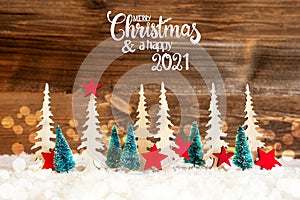 Tree, Snow, Red Star, Merry Christmas And Happy 2021, Wooden Background