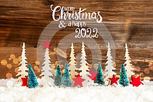 Tree, Snow, Red Star, Merry Christmas And Happy 2022, Wooden Background