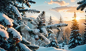 A tree with snow on it and the sun is setting.