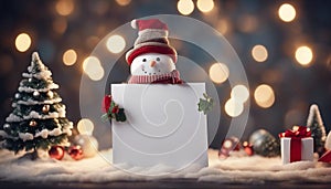 tree and snowman Christmas background. 3d snowman holding white board. Winter holiday blank banner template. blank copy space