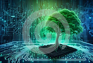 Tree with soil growing on the converging point of computer