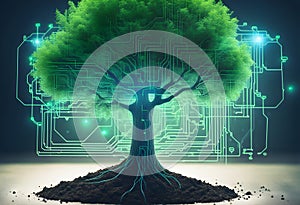 Tree with soil growing on the converging point of computer