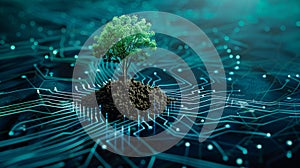 Tree with soil growing on the converging point of computer circuit board, Green Technology generative ai