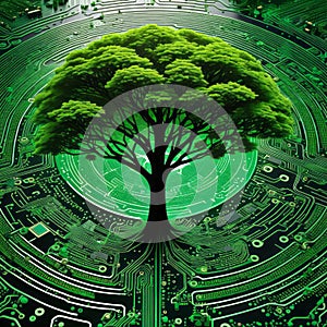 Tree with soil growing at the converging point of a computer circuit board metaphorical scene combining elements of nature and