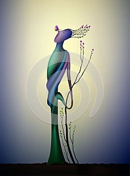 Tree soul in the spring time, man shape tree in blossom with butterfly, spring dream icon concept, surrealism, photo