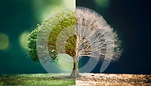 Tree split in half, one side green and full of life, the other bare and dry