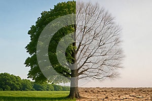 Tree split shows climate change: life versus environmental crisis.