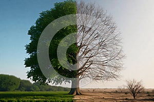 Tree split shows climate change: life versus environmental crisis.