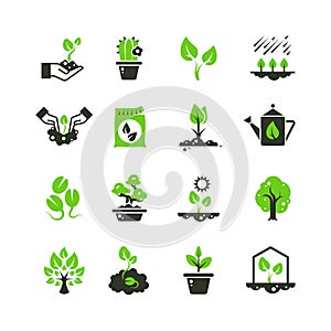 Tree sprout and plants vector icons. Seedling and hand planting pictograms photo