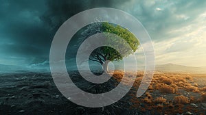 A Tree Standing Between Dark and Light Skies