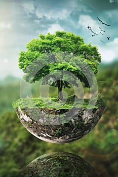 A tree stands alone on a floating island of lush grass and soil, isolated against a green, misty background. This image