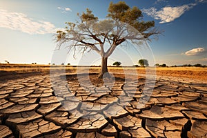 Tree stands in cracked earth, depicting climate crisis, water scarcity from global warming