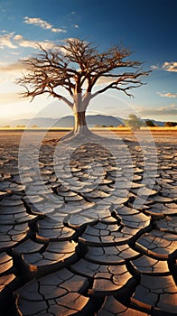 Tree stands in cracked earth, depicting climate crisis, water scarcity from global warming