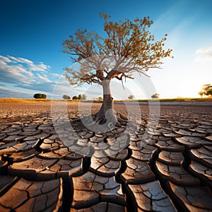 Tree stands in cracked earth, depicting climate crisis, water scarcity from global warming