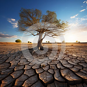 Tree stands in cracked earth, depicting climate crisis, water scarcity from global warming