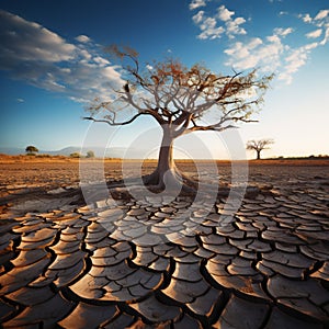 Tree stands in cracked earth, depicting climate crisis, water scarcity from global warming