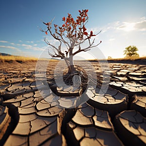 Tree stands in cracked earth, depicting climate crisis, water scarcity from global warming