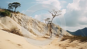 Romanticized Wilderness: A Tree On A Sand-covered Dune In Maranao Art Style photo