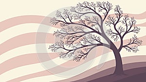 Tree on Striped Sunset Landscape Vector, vector design Generative AI