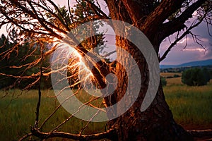 Tree struck by lightning in violent thunder storm photo