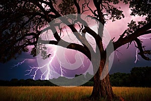Tree struck by lightning in violent thunder storm