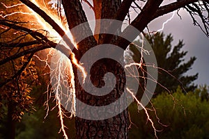 Tree struck by lightning in violent thunder storm