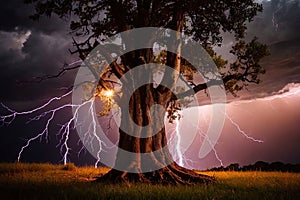 Tree struck by lightning in violent thunder storm