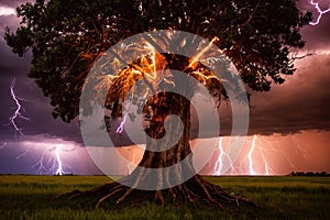 Tree struck by lightning in violent thunder storm