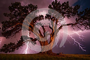 Tree struck by lightning in violent thunder storm