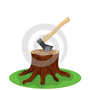 A tree stump with an axe stuck