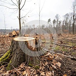 Tree stump from cut tree representing deforestation photo