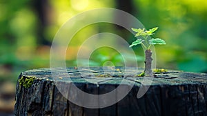 Tree Stump With Emerging Small Plant Growth