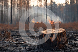 Tree stump in foreground of smoldering forest after wildfire