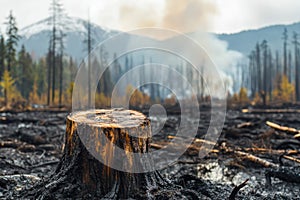 Tree stump in foreground of smoldering forest after wildfire