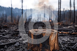Tree stump in foreground of smoldering forest after wildfire