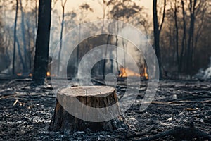 Tree stump in foreground of smoldering forest after wildfire
