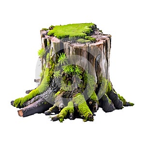 Tree Stump with green grass and plants isolated on white background