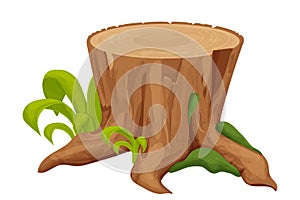 Tree stump, old trunk with grass and moss in cartoon style isolated on white background. Forest decoration, ui asset