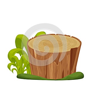 Tree stump, old trunk with grass and moss in cartoon style isolated on white background. Forest decoration, ui asset