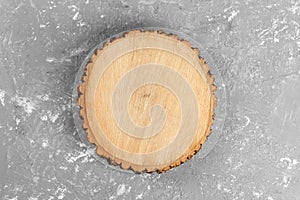 Tree stump round cut with annual rings on cement background. top view with copy space