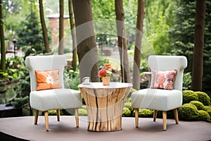 tree stump table with upholstered log chairs in a woodland