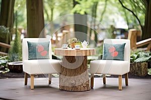 tree stump table with upholstered log chairs in a woodland