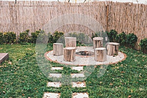 Tree stumps around fire pit with smoke rising from the burning logs. Camping area, cozy backyard fire pit