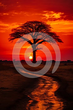 Tree with sunset in the background and dirt road. Generative AI