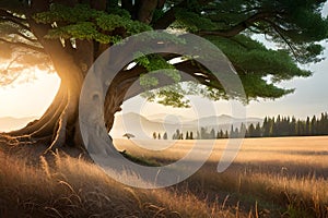 tree sunset in field with mountain and cloud