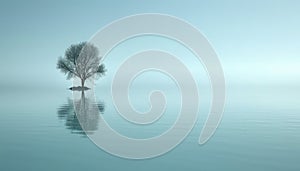 A tree surrounded by water, standing alone in its environment