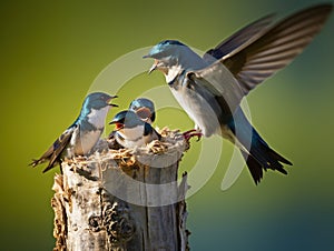 Tree Swallow feeding juveniles