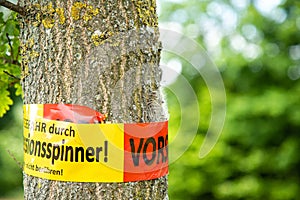 Tree with text vorsicht allergiegefahr durch eichenprozessionsspinner Raupen und Nester nicht berÃÂ¼hren, in englisch beware of photo