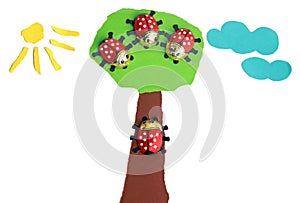 Tree with three ladybugs, fourth ladybug creeping up the tree trunk